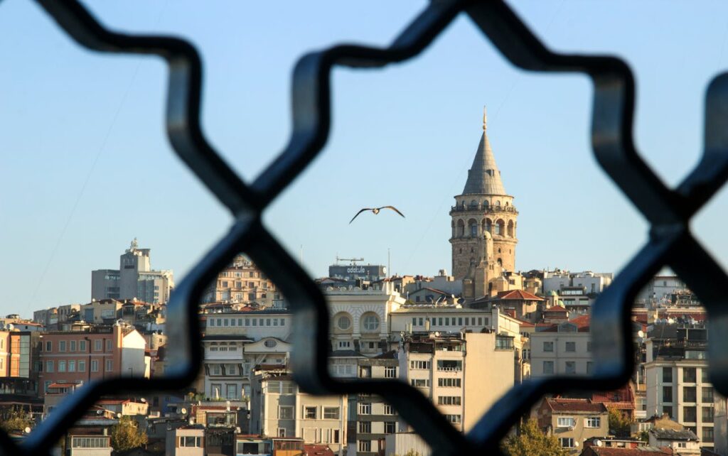 Galata Tower behind Fence Bars